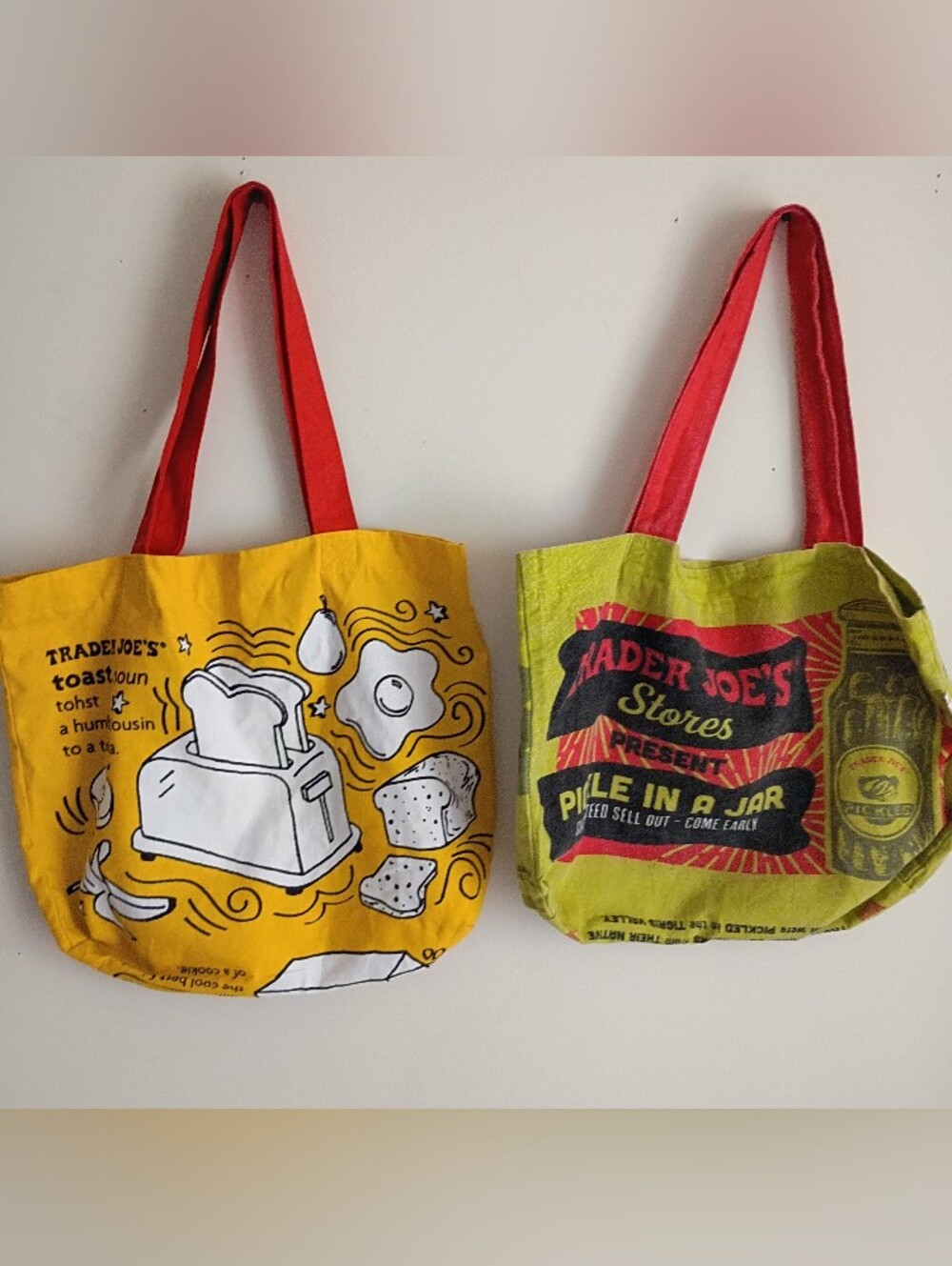 2 Trader Joe Reusable Canvas Bags Breakfast Waffle Toast Milk & Pickle Jar READ - Picture 8 of 8